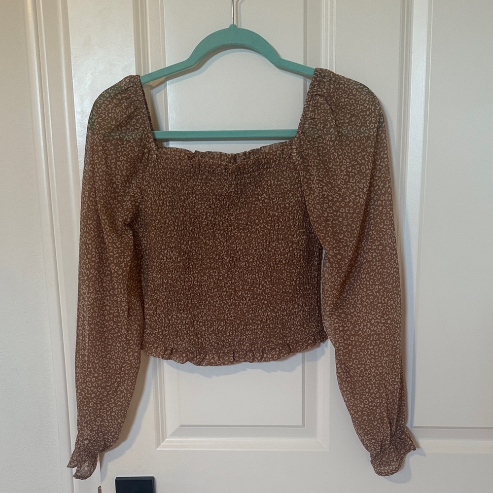 Smocked Square-Neck Cheetah Print Blouse